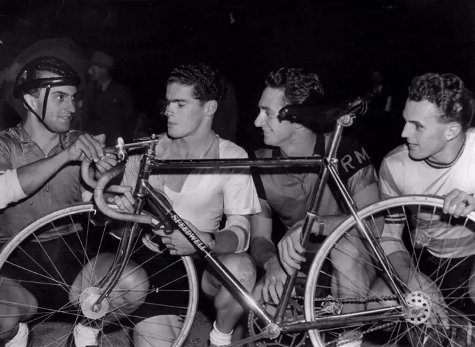 ***** four cyclists are almost certain to represent NSW in the Australian championships ***** Resting between races at Wiley Park last night, left to right, Charlie ***** Australian Olympic and Empire Games representative, John Tressider, Australian 1000 ***** sprint champion, Roy Moore Australian five-mile junior record holder, and Lionel Cox, Australian one-mile champion. January 13, 1952.