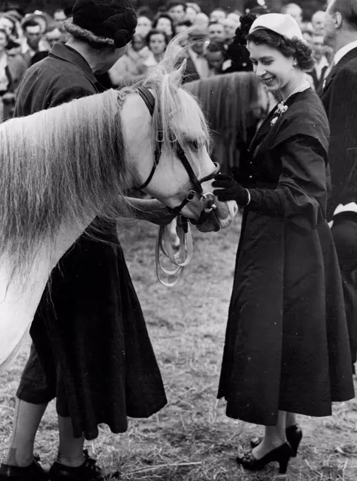 The Queen And The Pony -- The Queen smiles as she pats one of the winners of the pony class. When the Queen visited the Royal Agricultural show, at Newton Abbot, Devon, she was intrigued by the ponies, and smilingly patted several. July 4, 1952. (Photo by Paul Popper Ltd.).