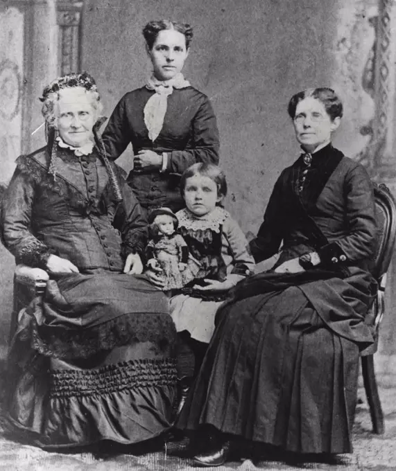 Mark Twain's Relatives In Fredonia, N.Y...At the left is Mark's Mother, Mrs. Jane Clemens, and at the right his Sister, Mrs. Pamela Moffett...Completing the 4-Generation Group are Mrs. Annie Wester, daughter of Mrs. ***** Fett, and Little Alice Webster, who Became the Author "Daddy Long Legs" and Other Books. September 25, 1951.