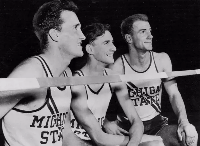 Three Australian athletes (left to right), Doug Stuart, 23, of Sydney, David Lean, 19, of Launceston, and Kevin Gosper, 21, of Newcastle, are members of the Michegan (U.S.) State College track team. Stuart, a senior at the college, will lecture in psychology at Sydney Teachers' College after graduation. Gosper, also a senior, will take graduate work in philosophy at Sydney University, Lean, a fresher, is studying accounting, business and public service. January 29, 1955.