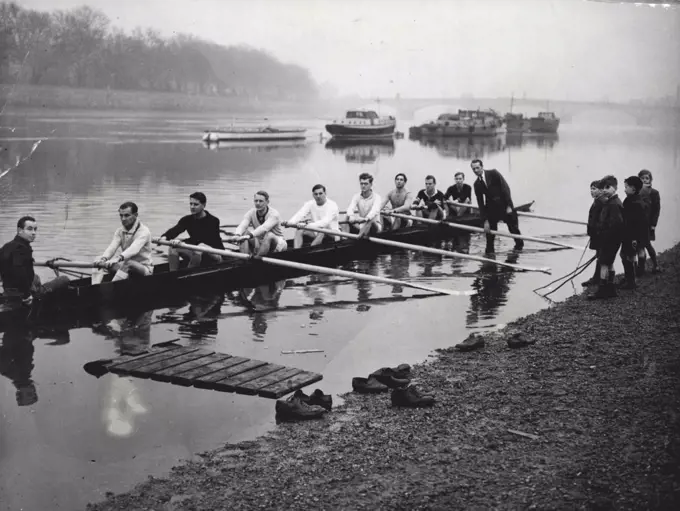 Australian Oarsmen in England, who are hoping to form an eight to represent Australia in Olympic Games, have been holding trials on the Thames. Several combinations have been tried from amongst the twenty-three oarsmen so far available.Here one of the combinations shown, using a practice shell borrowed from the Thames rowing club, Putney.The crew is : Bow Graham Fisk (Sydney), 2 Brian Lloyd (Sydney), Colin Smith (Sydney), 4 Bill Lester, 5 Dr. James Guest OBE, (Melbourne), 6 Dr. William Woodward (Sydney), 7 Larry Foley (Sydney), Stroke Gordon Hill (Perth), Cox Peter Lawrence. January 01, 1948.