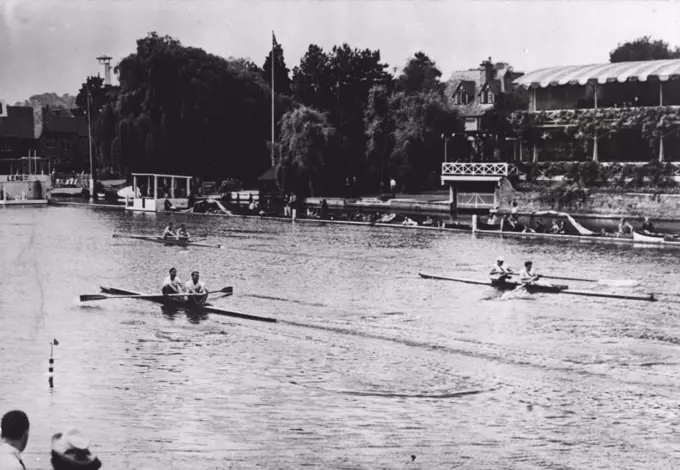 Olympic Games : Rowing At Henley - The finish of heat 2  pairs race. Switzerland winning, from Australia (left foreground) and Denmark (right). August 05, 1948. (Photo by Sport & General Press Agency, Limited).