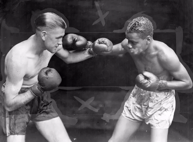Alf Blatch, Australian lightweight champion (left) and Tiger Flowers, who has yet to fight before the Sydney public. They will meet next Monday night at the Stadium. February 14, 1936.