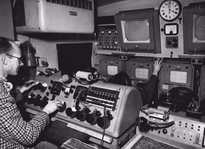 BBC Midland Region Television Outside Broadcast Fleet Mobile Control Room 10.A general view of the interior of MCR/10 showing the sound and vision mixing positions, camera control units and picture monitors. March 1, 1955. (Photo by   BBC Television Service). 