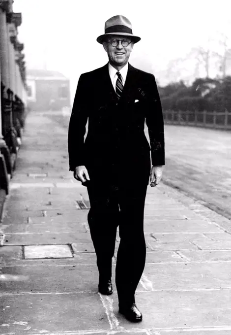New U.S.A. Ambassador Takes Walk In London.Mr. Joseph Kennedy who arrived in England early this morning on the Manhattan Liner, took an early walk in London this morning.Mr. Joseph Kennedy photographed during this early walk in London this morning at Princess Gate. March 2, 1938. (Photo by Keystone).