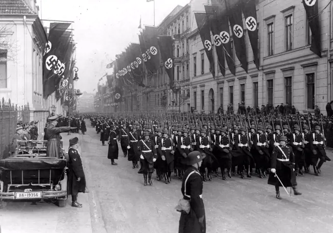 The feast day of the German nation -- The imperial capital on 30 January, the 4th year.Day Machtiubernahme by Adolf Hitler - The parade of Leibstandarte "Adolf Hitler" in district the Leader at the Chancellery in the v