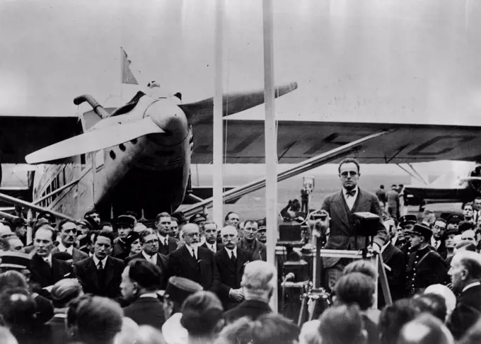 Inauguration Of Air-France -- Pierre Cot, Minister of Aviation during his allocution. The official inauguration of Air-France, which was postponed owing to the death of Georges Leygues, minister of Marine, took place today at Le Borget airport. In conjunction with the ceremony, the new Air-France flag was hoisted on the company's places lined up for then occasion. Air-France is the name given to the coalition of all the French air companies into one, which is coalition of all the French air companies into one, which is entirely under government control. November 21, 1933.