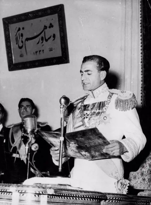 Shah Urges Speedy Oil Talks Approval -- The Shah of Persia, opening the fifth Senate, October 06, says that the hopes the recent oil agreement will be Quickly approved by the Senate. October 11, 1954. (Photo by Associated Press Photo).