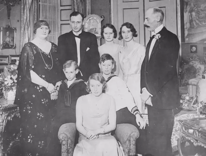 Photo Shows: Royal Family group taken after Engagement was Announced. From Left Standing Princess Helene, Prince Kund, Princesses Alexandrine Louise and  fedora, Prince Harald.Centre, Princes Olaf and Gorm, Brothers of The Bride to be, and in the Chair Princess Caroline Mathilde.First Pictures: Danish Royal Engagement.The Engagement was Announced Yesterday an 27 between H.R.H. Prince Knud, Youngest son of the king and queen of Denmark, and his cousin, Princess Caroline Mathilde of Denmark, Daughter of Prince Harald and Princess Mathilde. Prince Knud who is 32, is a first Lieutenant in the Danish Navv. His Bride to Be is 20.PS: Royal family group taken after the engagement was announced. From left standing Princess Helen, Price Knud, Princesses Alexandrine Louise and Fedd Ra, Prince Harald. Center Princes Olaf and Gorm, brothers of the bride to be, and in the chair Princess Caroline Mathilde. March 13, 1933.  (Photo by The  Associated Press).