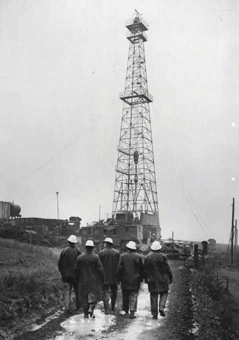 Going Down For Oil.On The Isle Of Wight.Five riggers walks towards the derrick at the start of their day's work...drilling for oil. December 1, 1952.