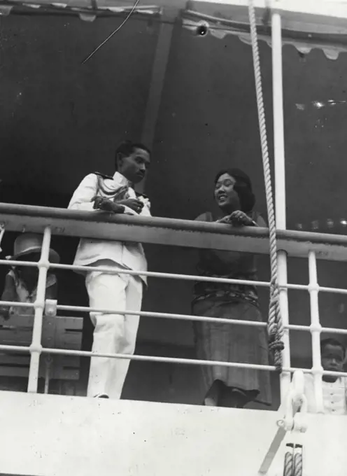 Siamese King and Queen - King and Queen of Siam return of Yachting Cruise - Bangkok Siam... Their majesties King Prajadhipok and Queen of Siam returning from short cruise in the gulf of Siam in their Luxurious Yacht the "Maha Chakri." June 13, 1927.  (Photo by International Newsreel Photo).