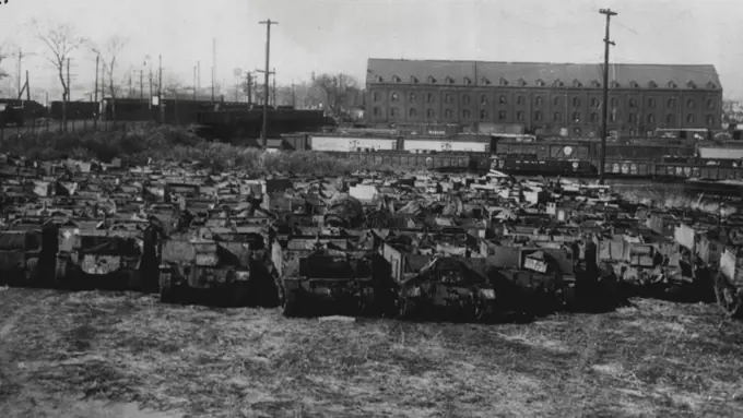 Weapons Carriers Held UP -- These 108 British Bren gun carriers were shunted into a storage yard while the state department checks up on their origin and destination. They arrived here Nov. 1 aboard a freighter from London and were scheduled to go out over the week-end on another freighter bound for Formosa. A State department spokesman said the check will take about a week. November 16, 1950. (Photo by AP Wirephoto).