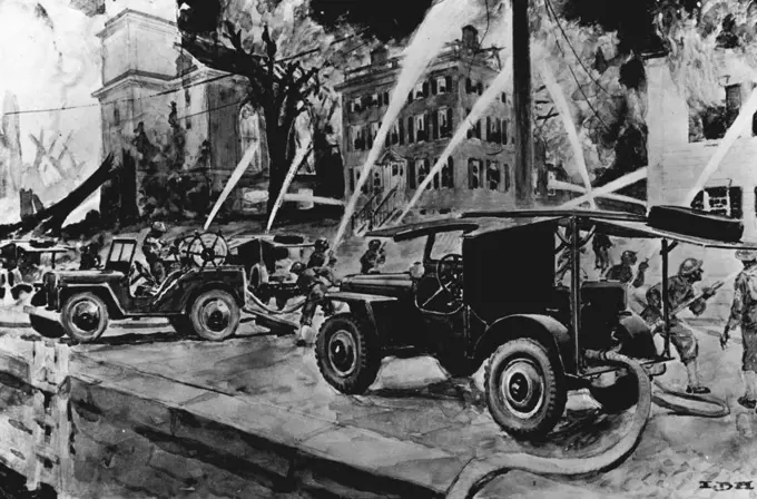 The U.S. Army Jeep... A Militarist's Dream Come True -- As a hose car (left) and pumper (right) in fire fighting. January 04, 1951.