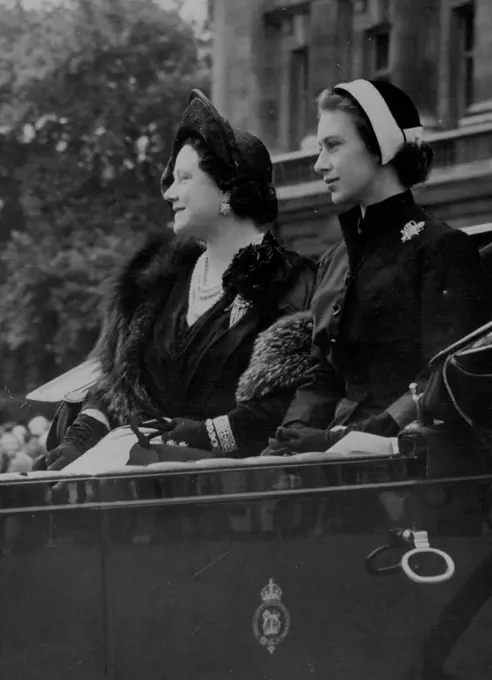 Queen Mother and Princess Leave For Trooping Ceremony.The Queen Mother Elizabeth and Princess Margaret are driven in an open carriage from Buckingham Palace to Horse Guards Parade, where they will see the Queen taking the salute at the Trooping the Colour Ceremony to-day the Queen's official birthday. June 05, 1952. (Photo by Planet News Ltd.).
