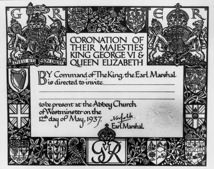 The Coronation Invitation -- With a border of Dominions Etc., Plc Emblems and Shields of Arms as Follows.England: H.M. The King, Ireland, Union.Scotland: H.M. The Queen, Wales, India.Canada, New Zealand, Royal Cypher, South Africa & Australia. April 5, 1937. (Photo by Sport & General Press Association Limited).