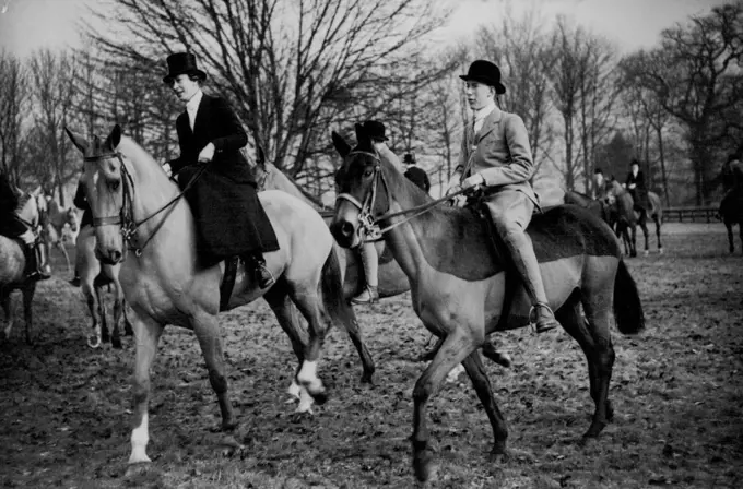 The King's Sister Hunts With Her Son -- H.R.H. The Princess Royal, only sister of King George VI., is seen riding with her elder son, Lord Lascelles when they took part in the Bramham Moor meet at Spofforth, near here today. The Princess Royal., who was formerly Princess Mary, is married to The Earl of Harewood. February 22, 1938. (Photo by Associated Press Photo).
