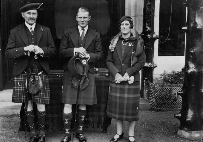 The coming of age celebration of the Earl of MacDuff, son of Prices and Princess Arthur of Connaught, at Mar Lodge, Brabmarm, Aberdeenshire, where the earl received gifts from the ten *****. Prince and Princess Arthur of Connaught with (centre) the Earl of Macduff. September 17, 1935. (Photo by Sports & General Press Agency Limited).