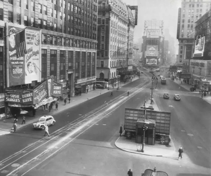 Wide Open Space -- This is Times Square, virtually deserted shortly before 9 a.m. today, following Mayor William O' Dwyer's proclamation shutting down all places of public assembly in order to cope with a critical fuel shortage resulting from the nine-day old tug boat strike. February 12, 1946. (Photo by AP Wirephoto).