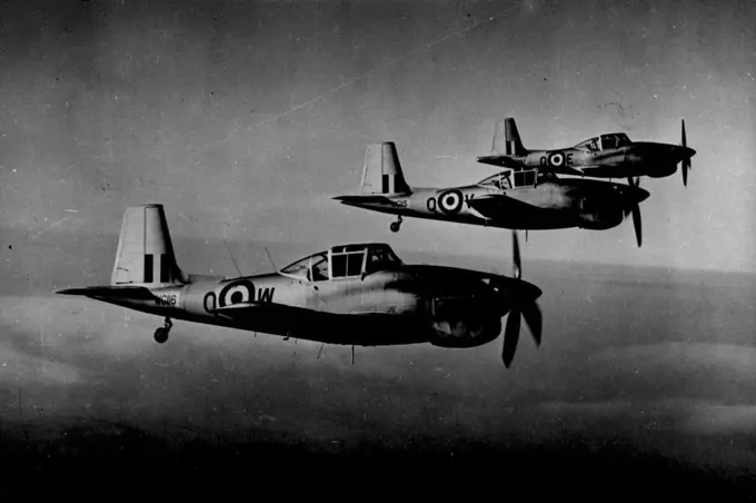 New British Trainer Aircraft In Service -- "Balliol" trainer planes from a flying training school practice formation flying.The new British "Balliol" T.2 trainer plane is now superceding the Harvard as the advance single pistoned engined trainer of the Royal Air Force. The machine is fitted with a Rolls-Royce Merlin engine and instructor and pupil sit side by side. January 26, 1953. (Photo by Sport & General Press Agency, Limited).