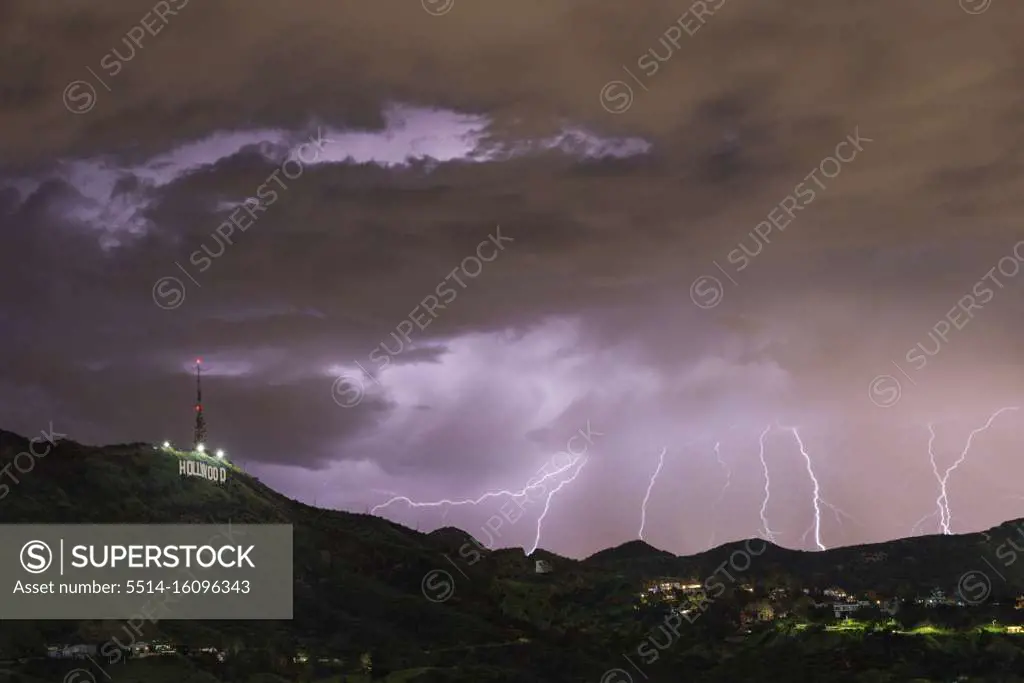 Lightning Strike Silhouetting The Hollywood Sign in Los Angeles