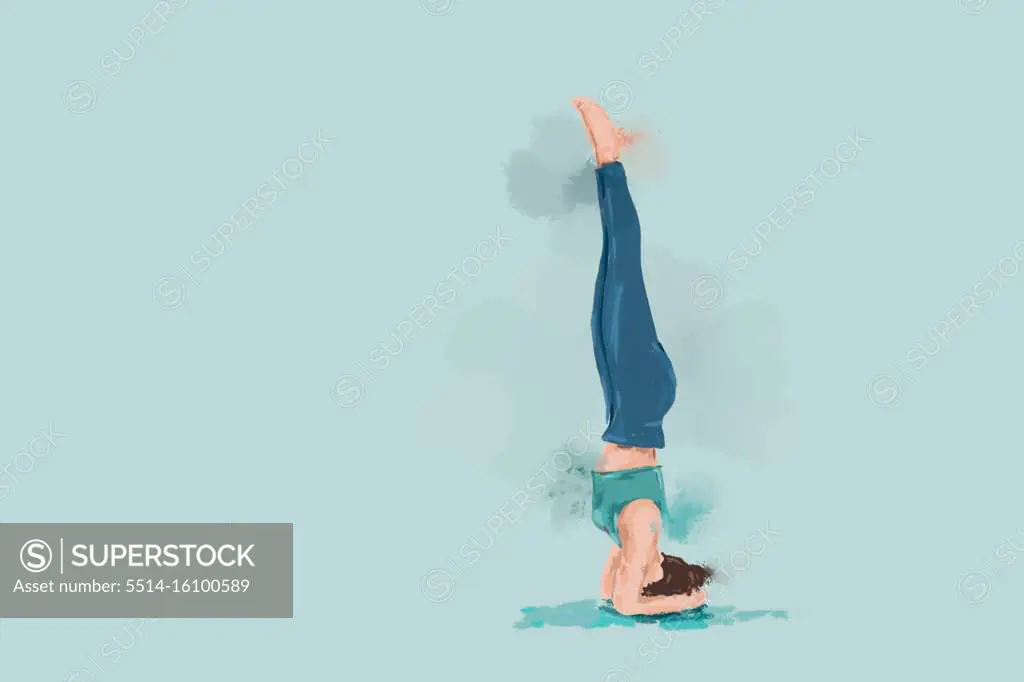 women balancing in head stand yoga illustration  isolated on blu