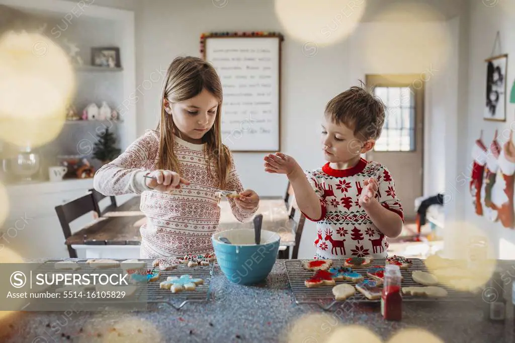 Boy and girl siblings decorating Christmas cookies