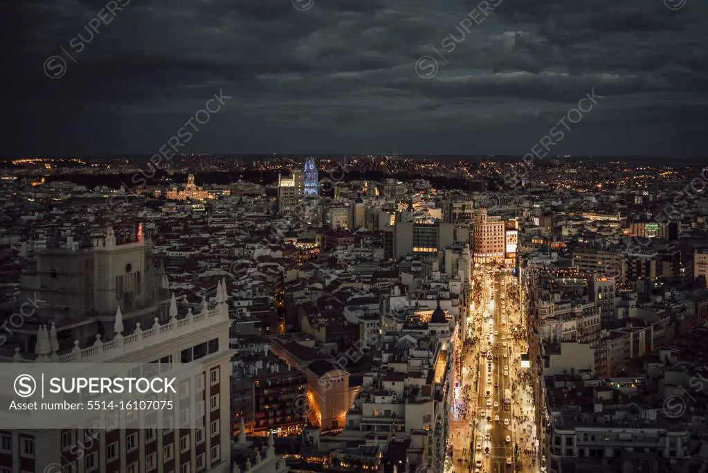 Cityscape in Madrid Spain, Gran Ví­a at night