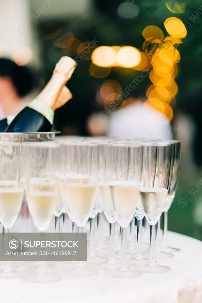 Wedding champagne bottle and glasses