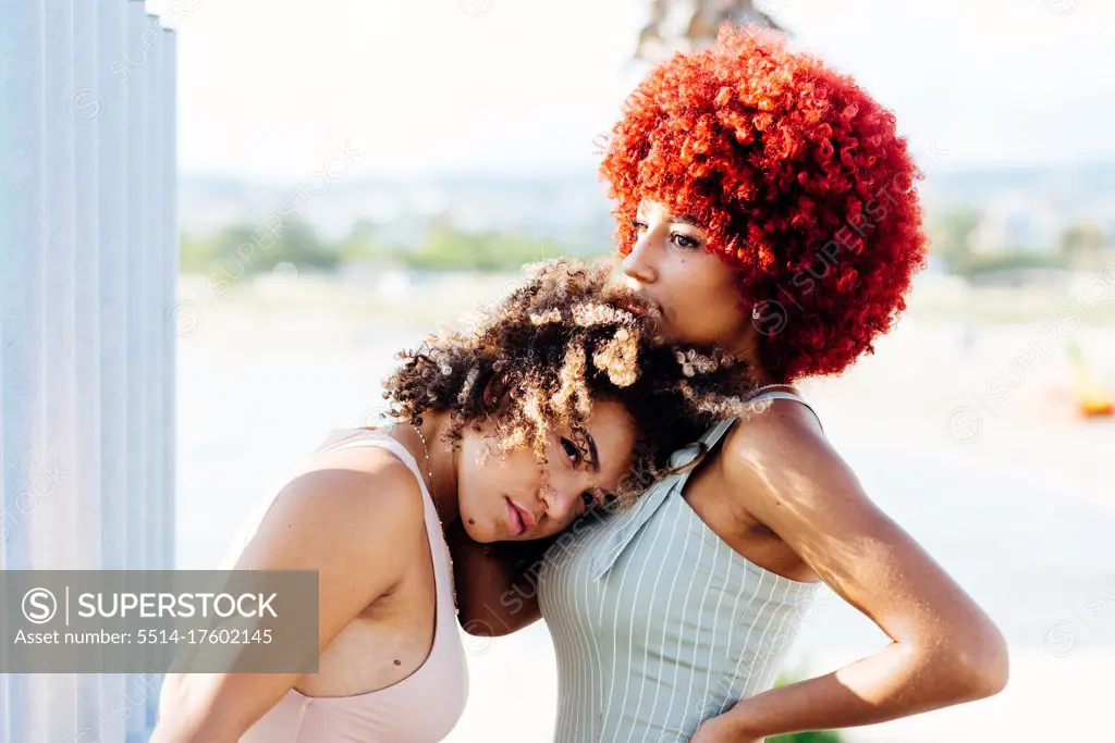 Two attractive latin girls with afro hair in an attitude of love.