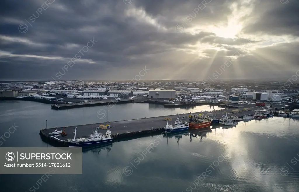 Aerial view of dock in small local city