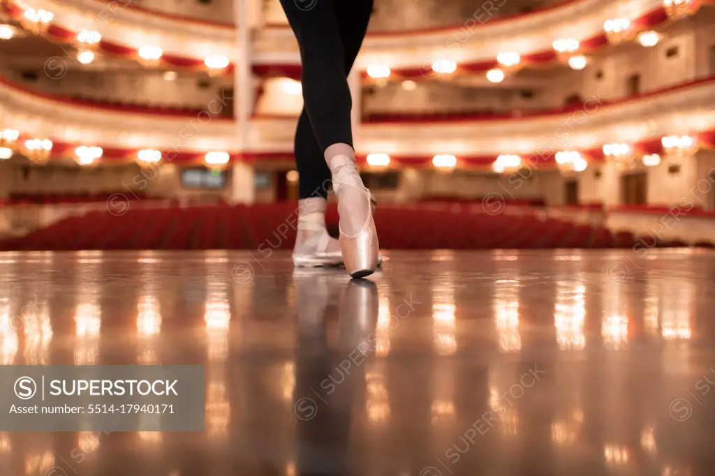 Cropped ballerina dancing on stage