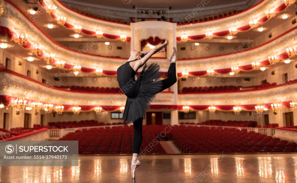 Graceful slim ballerina dancing on stage
