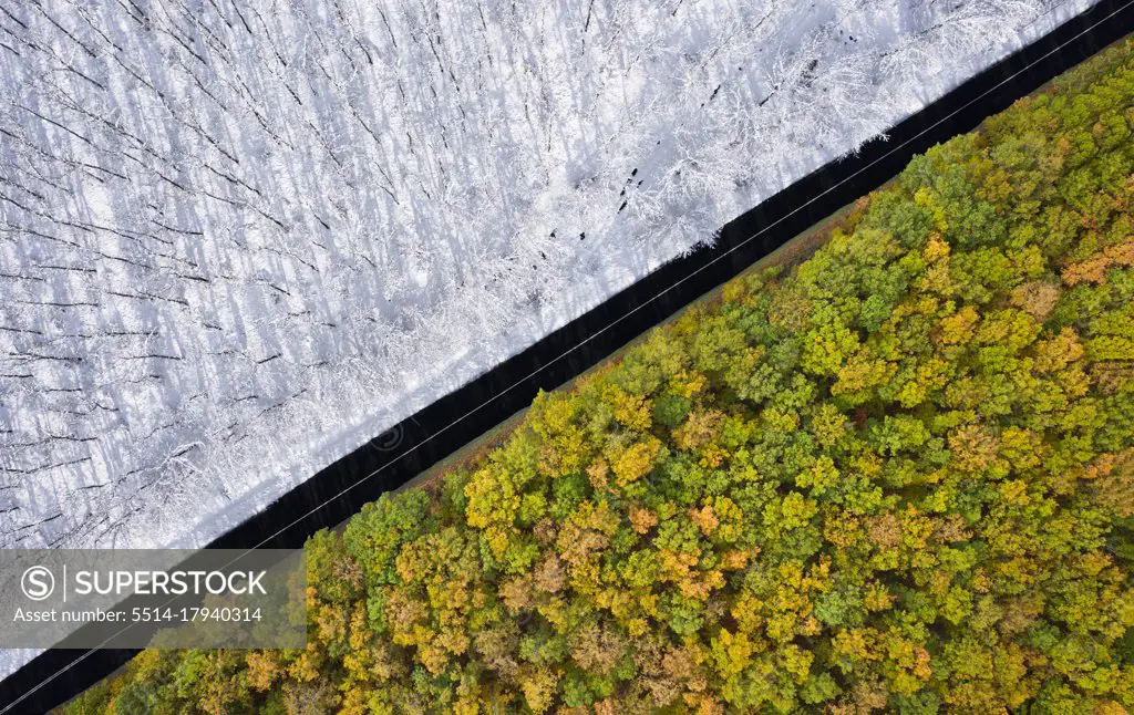 Aerial view by drone of autumn and spring separated by a road