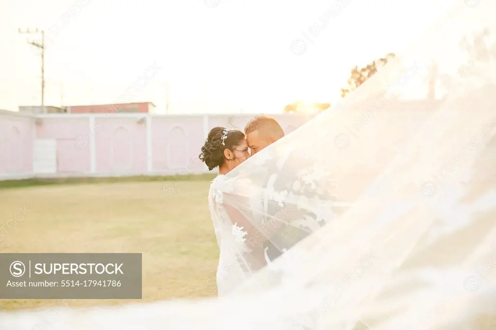 newly married couple looking at each other while the bride's veil pass