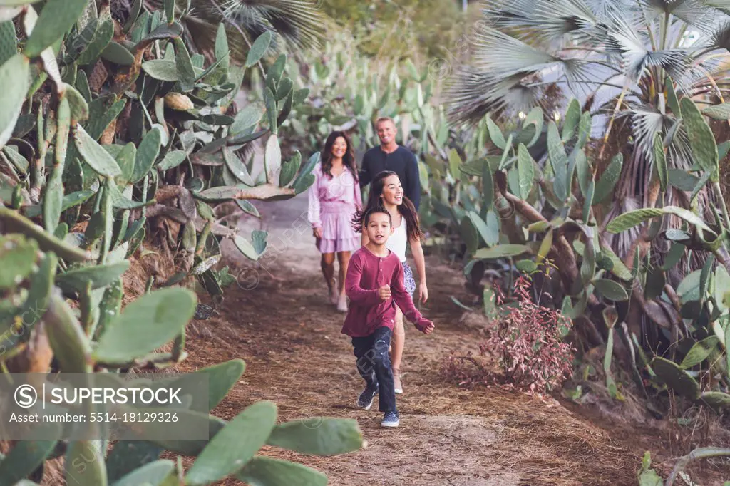 Family of four walking happily on a cactus trail.