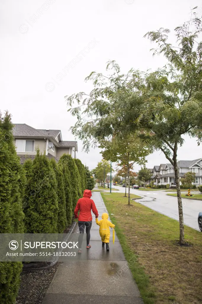 Rear view of mother walking with toddler child on the sidewalk.