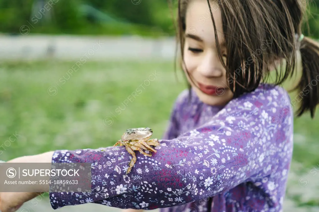 Cropped view of a child playing with a small crab on the beach