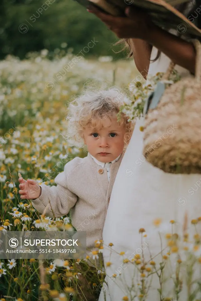 A little boy holding on to his mother in a chamomile field