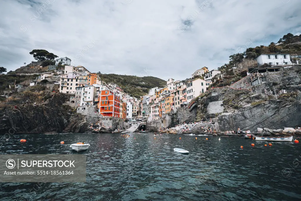 Wide angle shot of Riomaggiore's harbor famous Italian coastal village