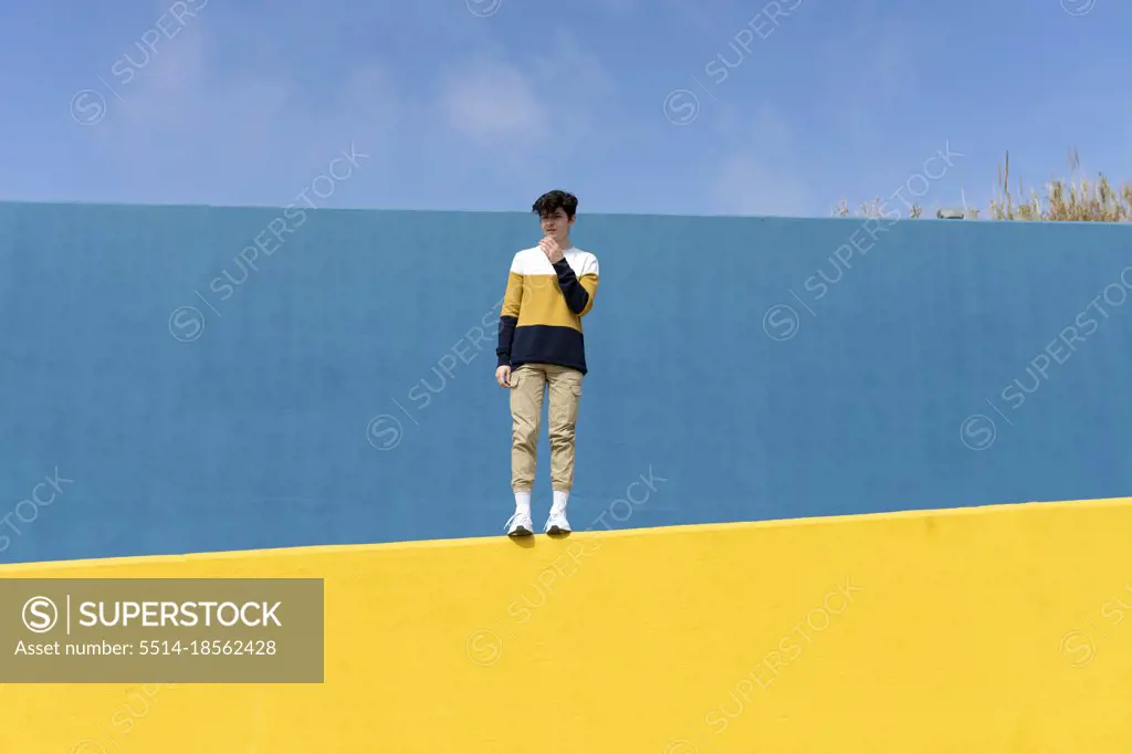 Portrait of a teenage boy looking away against blue wall