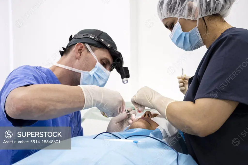 Plastic surgery operation, modifying the eye region in medical clinic