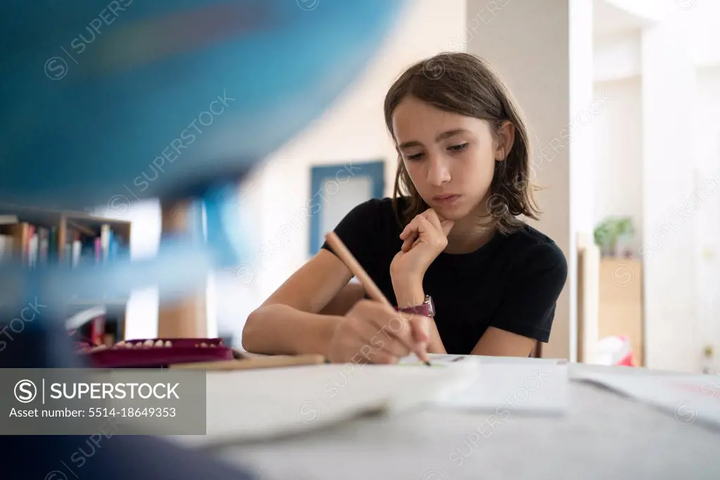 Schoolgirl making her homework at home
