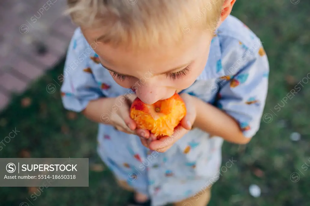 Close up shot of Caucasian boy eating peach in front yard