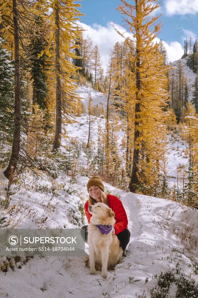 Cute Dog and Female in Red Jacket In A Grove of Larches in The Fall