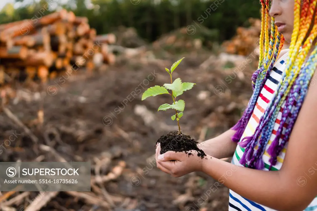 Sapling rests in hands of girl with rainbow braids
