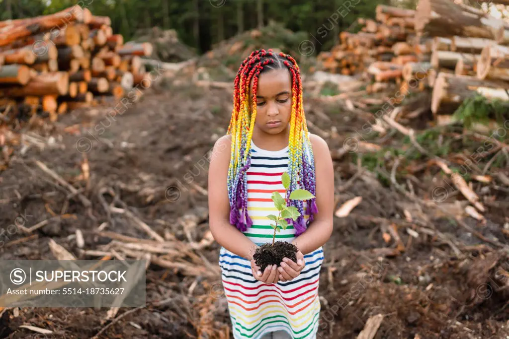 Girl carefully holds sapling on logging site