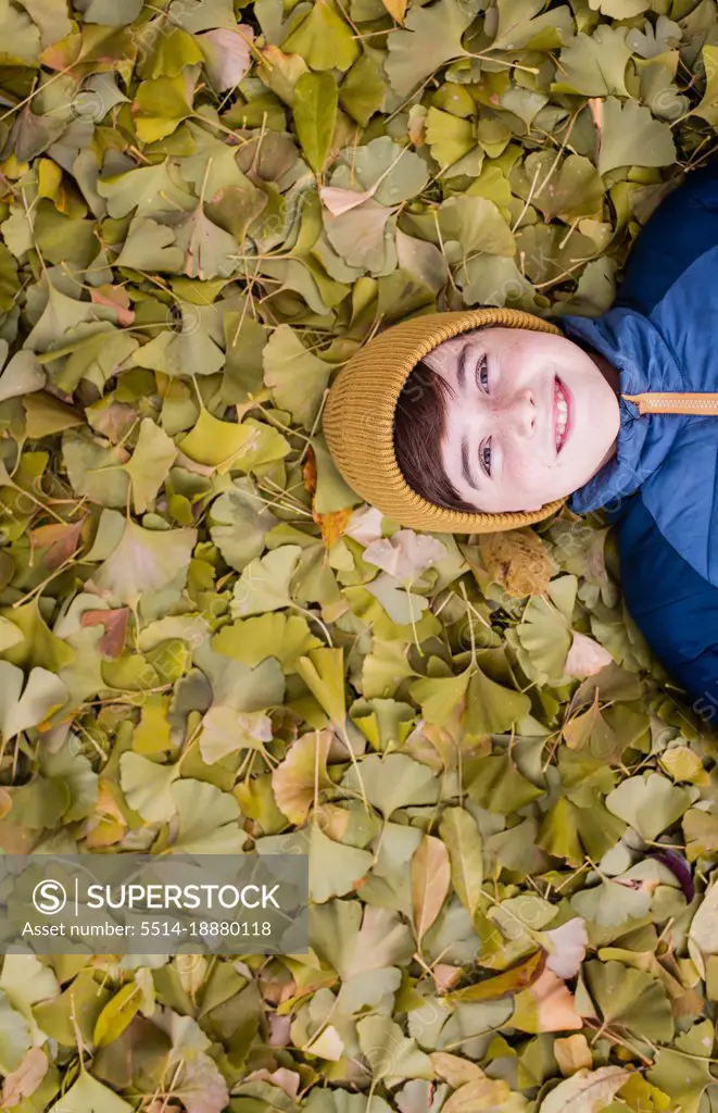 Overhead of happy boy laying on a pile of yellow leaves on fall day.