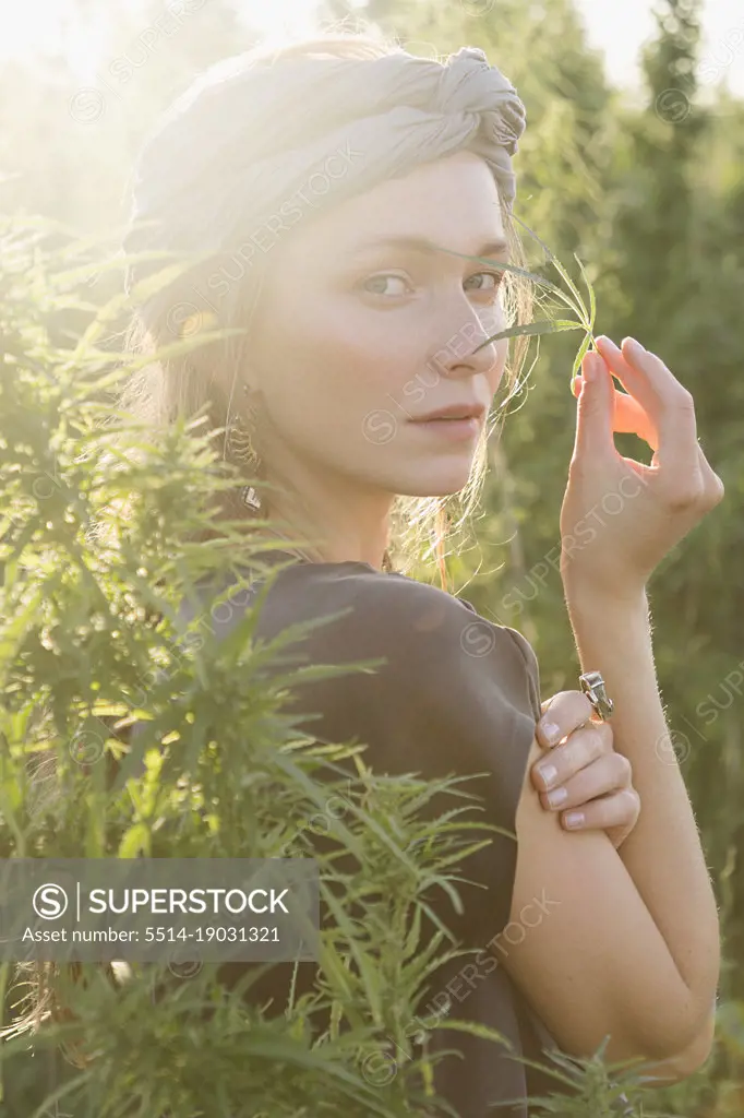 Woman in the Cannabis plant, Girl standing with Marijuana or Hem