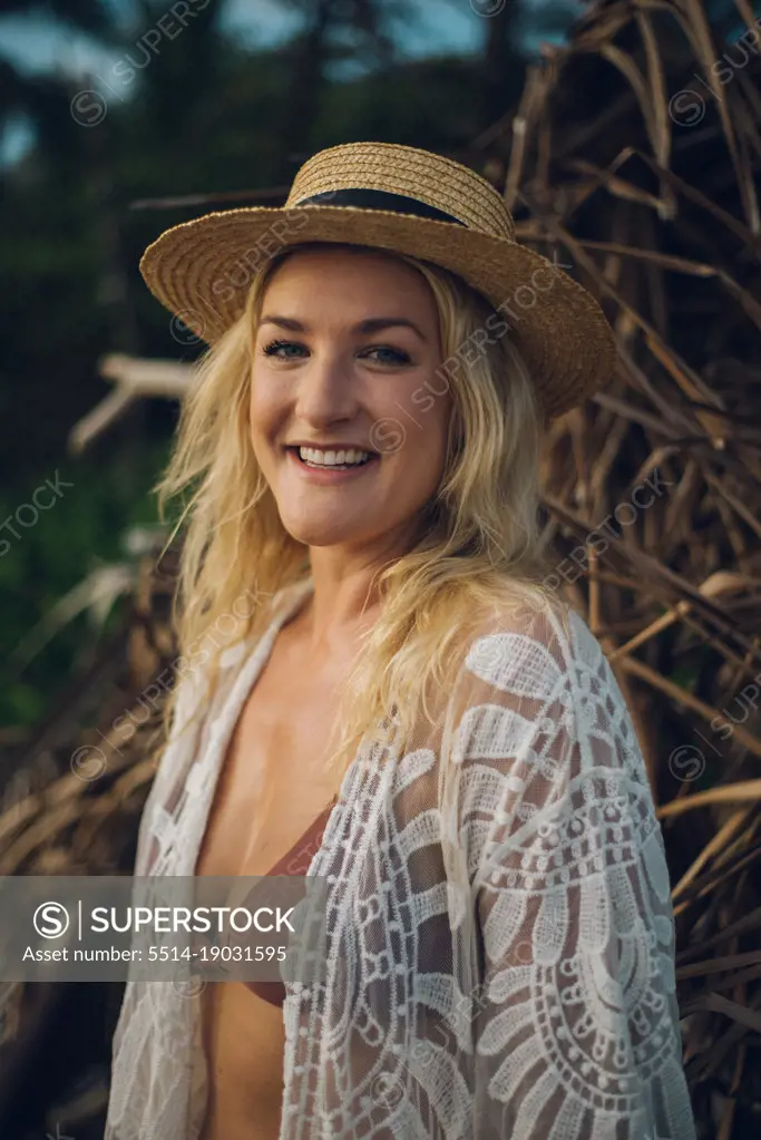 colorful portrait of a beauty blond girl with a hat