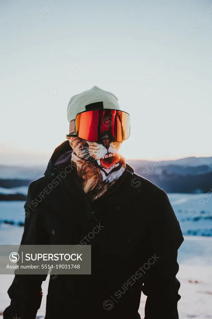 Snowboarder dressed in a snowboarding coat posing at sunset